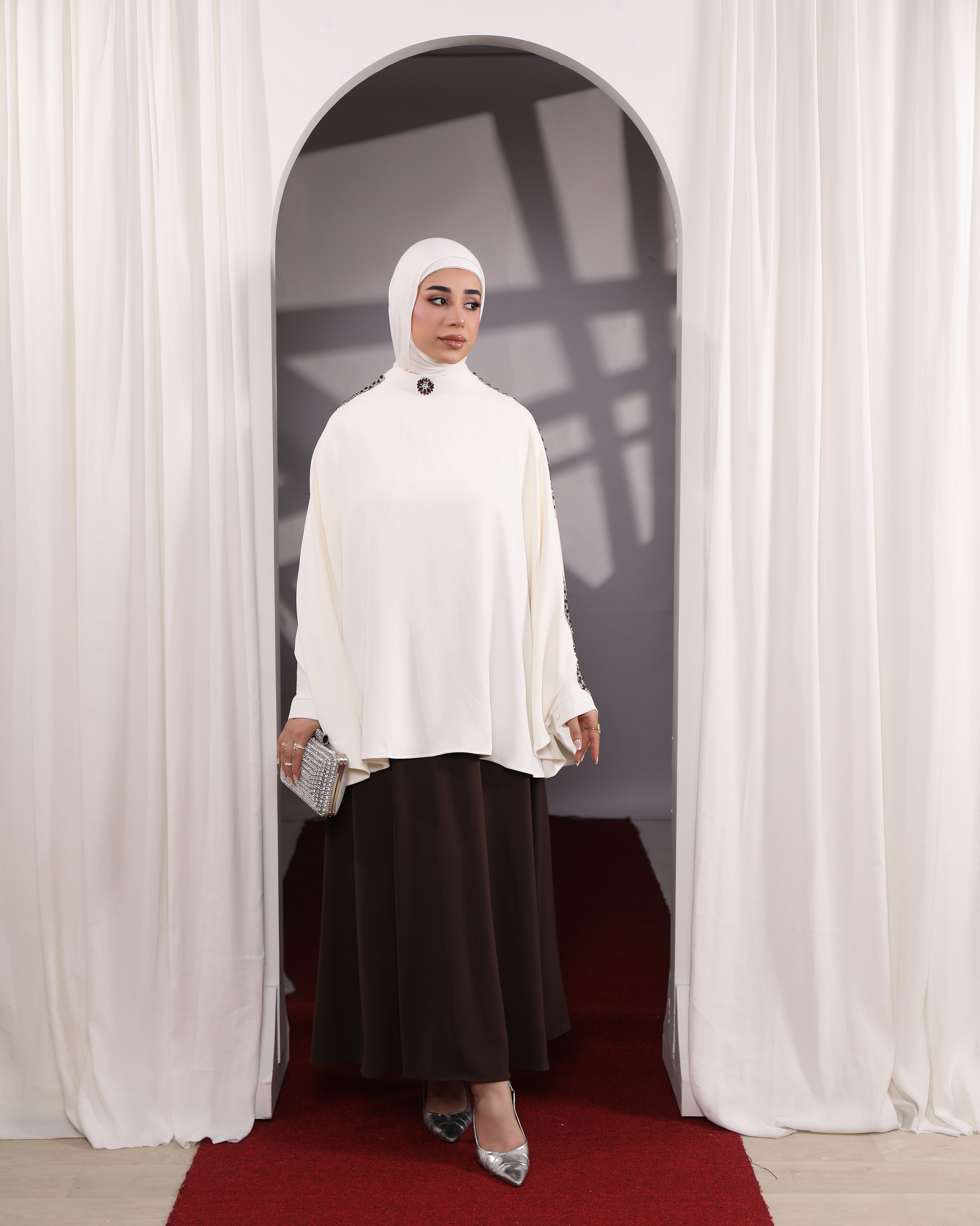 Embellished Jersey Top & Skirt Set – Espresso Ivory – Sensiline